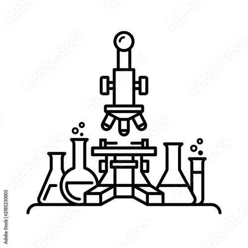 Scientific laboratory equipment icon with microscope, beakers, and flasks. Line art illustration for research and education.