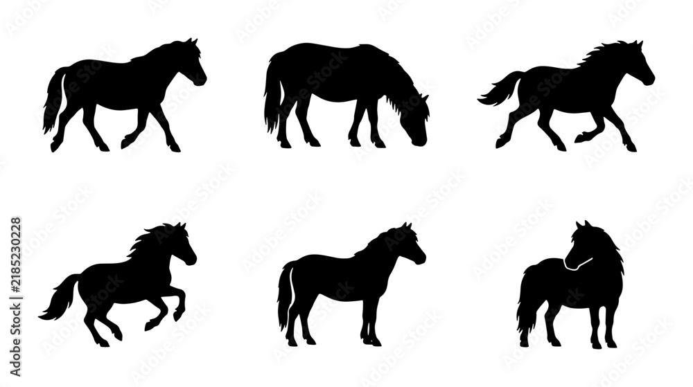 Obraz premium Horse Silhouettes Collection, Equine Animal Vector Icons, Black Stable Mammal Graphics