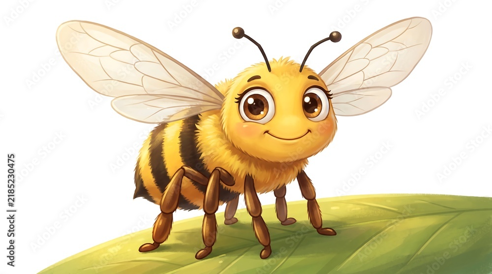 Fototapeta premium Cute honey bee character illustration, friendly bumblebee on green leaf, cheerful insect mascot for children education