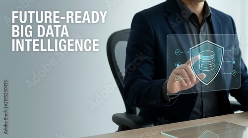 Fototapeta Business professional interacting with digital shield data protection interface holographic graphic.