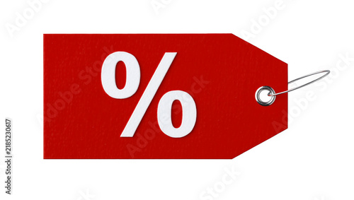 Foto Red percentage tag with metal grommet and string, isolated on transparent backgr