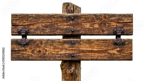 Rustic wooden double-sided signpost with rusty metal hinges, isolated on transparent background