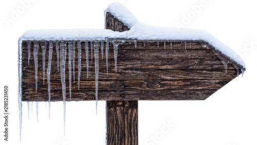 Photography Wooden directional signpost covered in snow and icicles, isolated on transparent