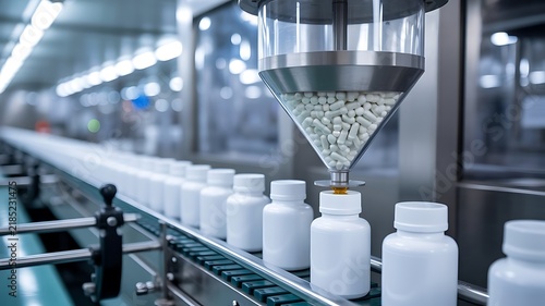 Automated pharmaceutical production line filling white plastic bottles with pills under a clean industrial environment with bright lighting