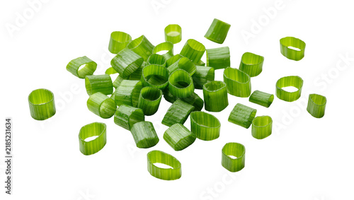 Quadro su tela Freshly chopped green onions scattered, isolated on transparent background
