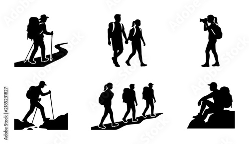 Canvastavla Hiking Silhouettes: Trekkers, Backpackers, and Campers, Vector Icons for Outdoor