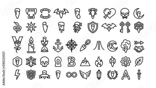 Collection of stylish minimal line icons featuring symbols for fantasy adventure and mystical themes with transparent backgrounds