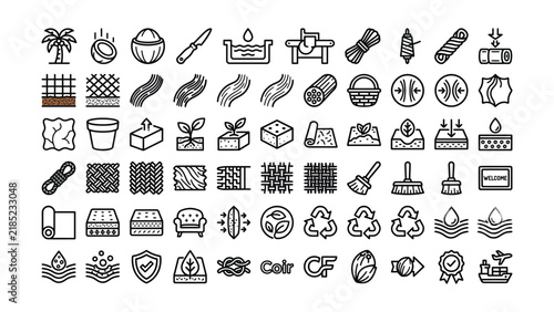 Collection of Minimalist Line Icons Featuring Tropical Elements Home Decor and Recycling Symbols on Transparent Background