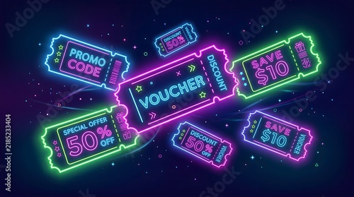 Neon Glowing Ticket Voucher Illustration 2D