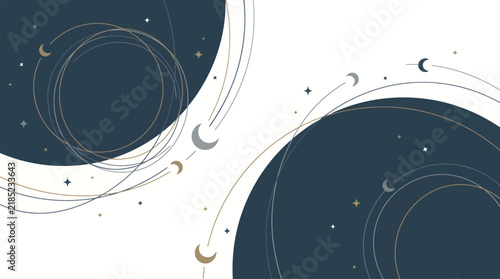 Abstract Celestial Celestial Moon and Stars Vector Background Minimal Mystical Astronomy Orbits Pattern in Dark Slate and Gold Line Art