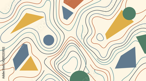 Abstract Topographic Wavy Line Background Vector Geometric Modern Pattern with Earthy Colored Shapes in Terrazzo Style Poster Graphic