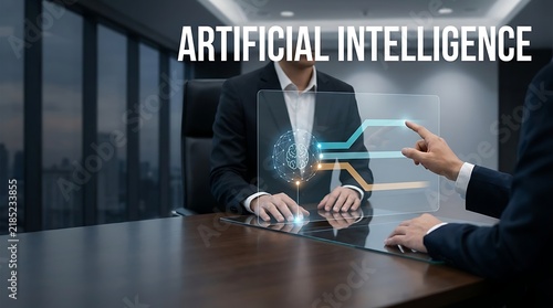 Fototapeta Business executive pointing at transparent screen displaying artificial intelligence model.