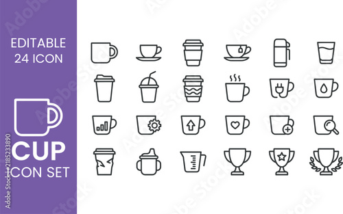 Cup and Mug Line Icon Set Vector Outline Icons for Coffee Tea Beverage Takeaway Trophy Award Measuring Container and Drink UI Design