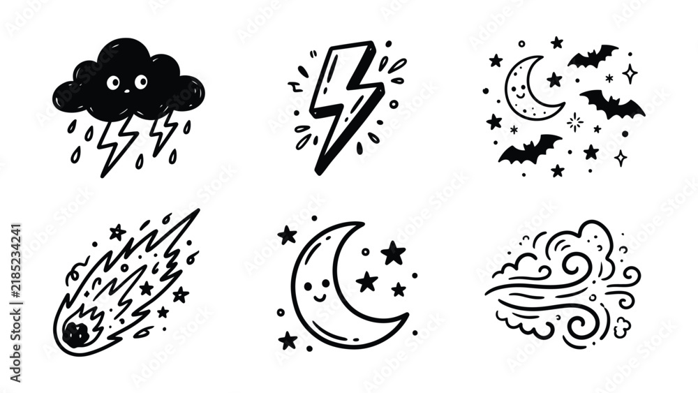 Obraz premium Hand drawn night sky weather icons with spooky celestial elements crescent moon weather symbols