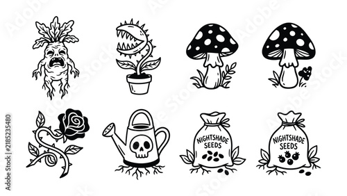Set of spooky garden and nature themed hand drawn doodle illustrations with venus fly trap