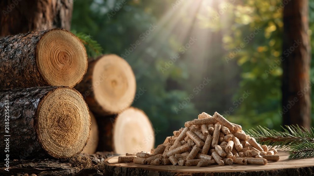 Obraz premium Wood pellets on forest stump beside stacked logs in soft morning light, showing renewable fuel, sustainable heating, natural texture, rustic woodland setting, and warm earthy colors