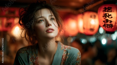 Captivating portrait of a young Asian woman gazing thoughtfully amidst a vibrant display of lanterns creating a moody and atmospheric night scene