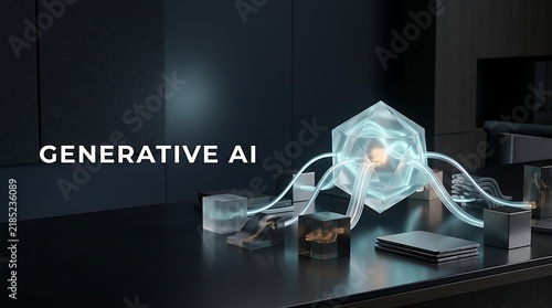 Obraz w ramie Generative artificial intelligence glass geometric core on table with glowing fiber optic cables.