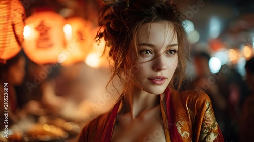 Captivating portrait of a confident elegantly dressed woman with glowing makeup and vibrant hair at an enchanting nighttime or event