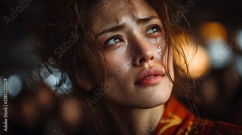 A captivating close up portrait of a woman with an introspective and emotive expression framed by dramatic lighting that creates a powerful cinematic atmosphere