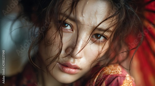 Close up portrait of a thoughtful enigmatic woman with an introspective emotion driven expression and a striking cinematic