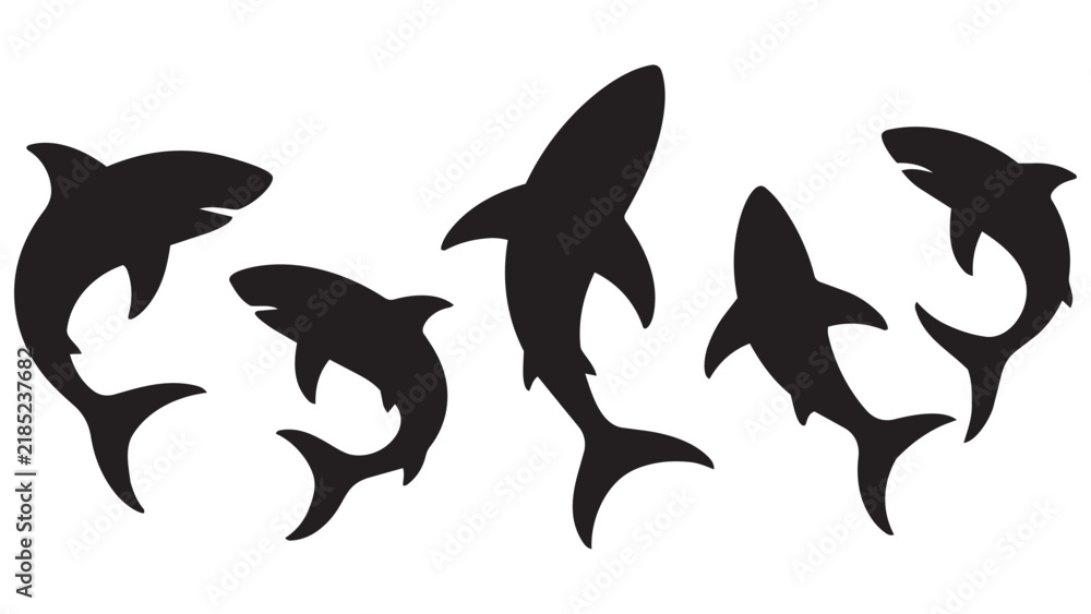 Fototapeta premium Five Black Silhouette Sharks Swimming in Formation