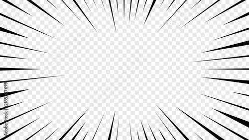 Black comic speed lines radiating from center on transparent background. Manga action burst frame with radial rays. Dynamic vector graphic design element for cartoon, poster and advertising layout.