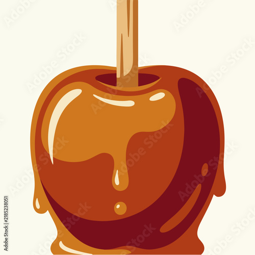Caramel apple close up. Sweet autumn treat and snack concept. Flat design vector illustration