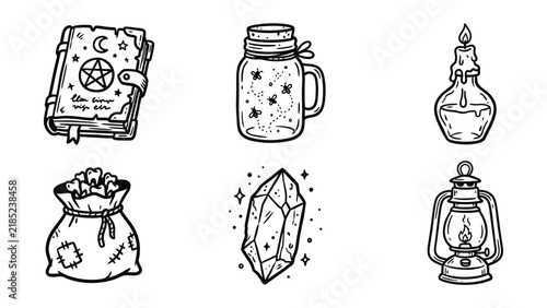 Witchcraft and magic potion themed hand drawn doodle icon set with magic elements