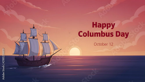 A cartoon of a historic sailing ship on the ocean at sunset with a pink and orange sky and the text happy columbus day october 12