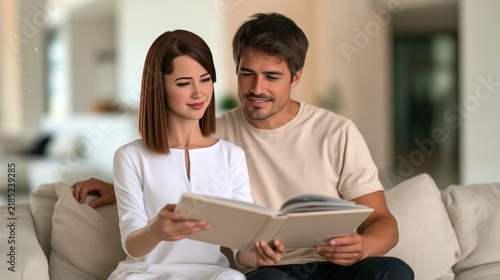 Human man and lifelike humanoid robot wife looking through a photo album side by side on a sofa