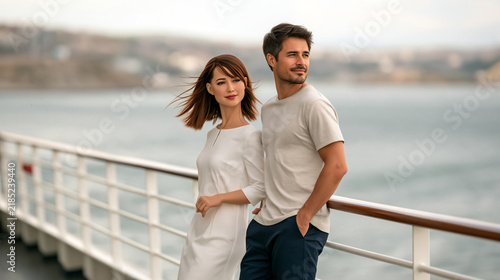 Human man and lifelike female humanoid robot standing together on the open deck of a passenger ferry by the water