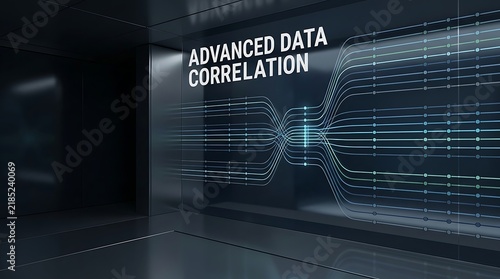 Fototapeta Data correlation interface display illuminated pathways converging on dark futuristic glass panel.