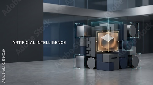 Fototapeta Artificial intelligence central processing hub concept with metal geometric blocks and light grids.