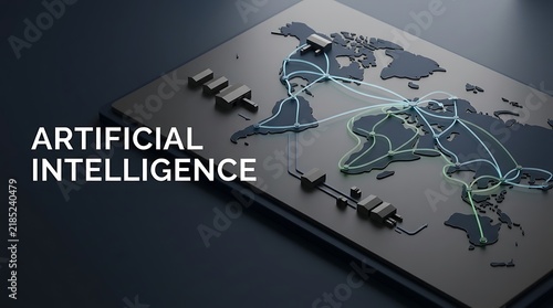 Fototapeta Artificial intelligence digital map concept with glowing blue network lines on dark textured surface.