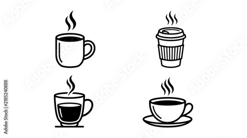 Set of Four Coffee Cup and Hot Beverage Line Art Illustrations