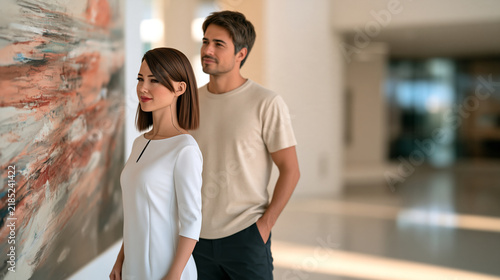 Human man and lifelike humanoid robot wife observing contemporary art together in a gallery