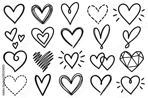 Hand drawn heart doodle collection featuring diverse artistic styles including sketch outline dashed lines and geometric patterns for creative design projects displayed on transparent background