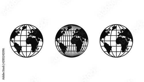 Black globe icons showing planet Earth with latitude and longitude grid lines.