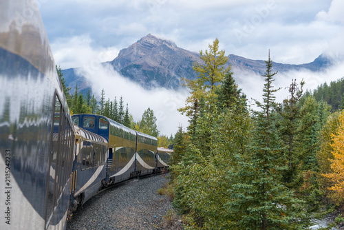 Canada, Alberta, Banff National Park.  Passenger train en route through the Rocky Mountains.  Viewed from the train