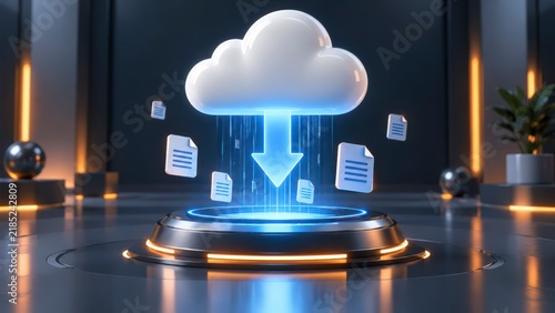 ultra realistic 3d cloud data transfer scene with glowing blue arrow and floating documents