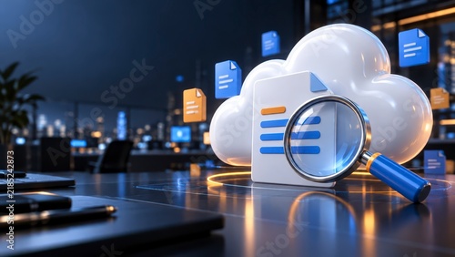 3d render of cloud based document search with magnifying glass and floating files in a dark futuristic office