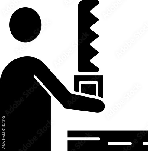 A craftsman holding a handsaw to cut a wooden board for a woodworking service app or a woodworking profession icon