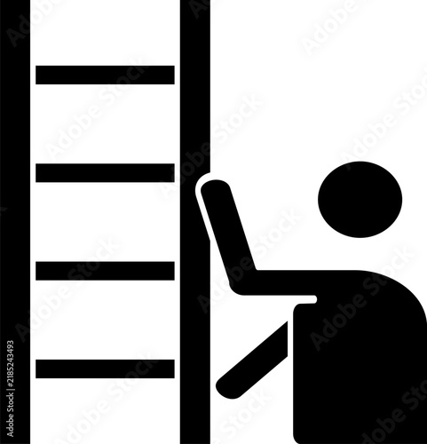 A construction worker or tradesman reaching upwards to climb a vertical ladder.
