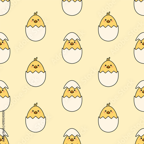 Cute seamless pattern of yellow cartoon baby chicks hatching from eggshells on a light background.
