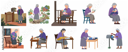 Set of flat vector illustrations of an elderly woman sending and receiving letters and postcards, elderly correspondence concept