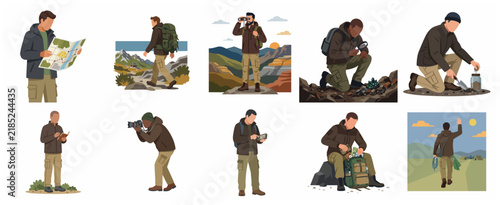 Vector illustration collection of men engaged in outdoor exploration, field research, hiking, and nature photography activities.