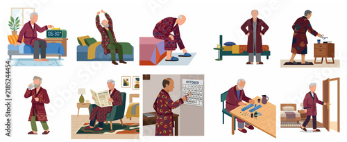 Set of Elderly Man Characters Performing Daily Morning Routine Activities Flat Vector Illustration