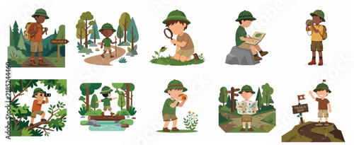 Flat vector set of young boy scout characters exploring nature, hiking in the forest, and discovering wildlife