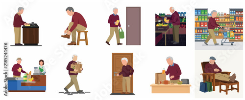 Senior Man Daily Routine and Grocery Shopping Illustration Set